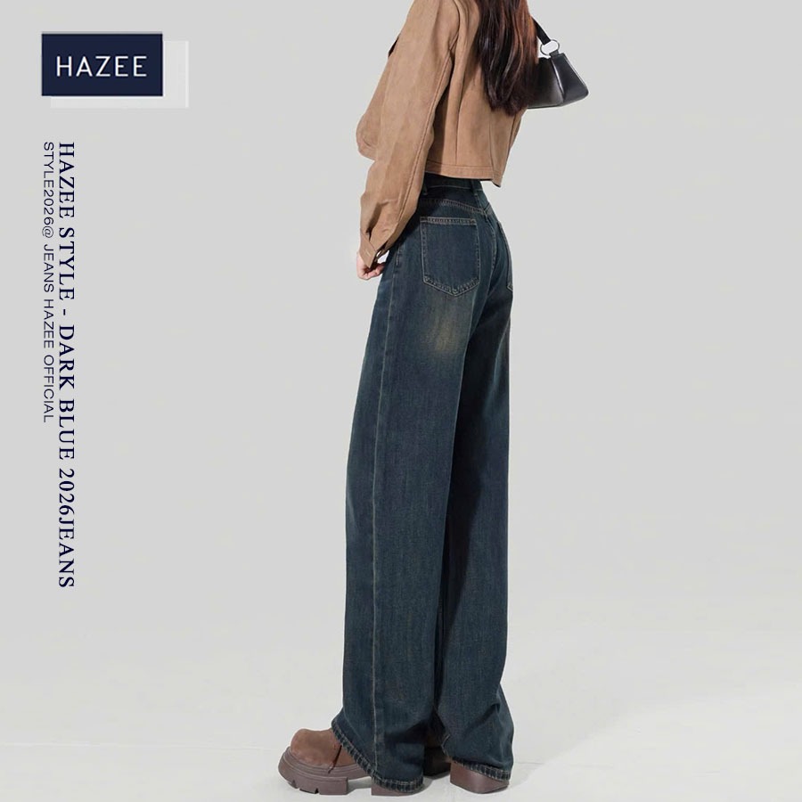 Quần Jeans Ống Rộng Lưng Cao Dark Blue 2026 HAZEE– Dáng Suông Hack Dáng, Phong Cách Hàn Quốc