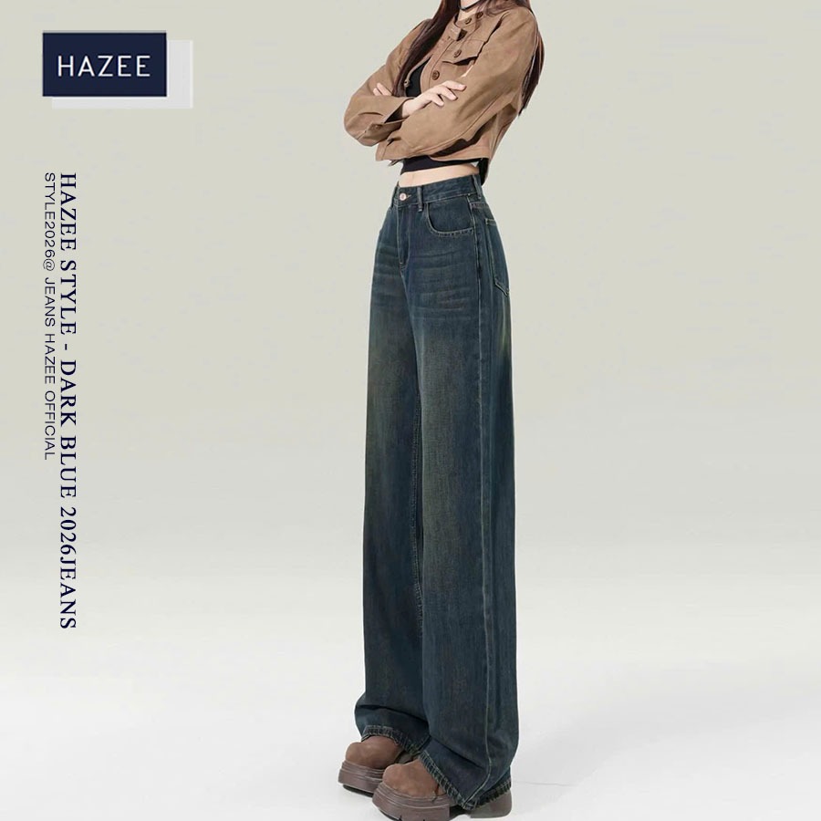 Quần Jeans Ống Rộng Lưng Cao Dark Blue 2026 HAZEE– Dáng Suông Hack Dáng, Phong Cách Hàn Quốc