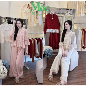 AXT_ Set bộ mặc nhà, set nữ tơ ánh kim xếp ly viền Ren Zikzak mặc ngủ mặc nhà đẹp tinh tế