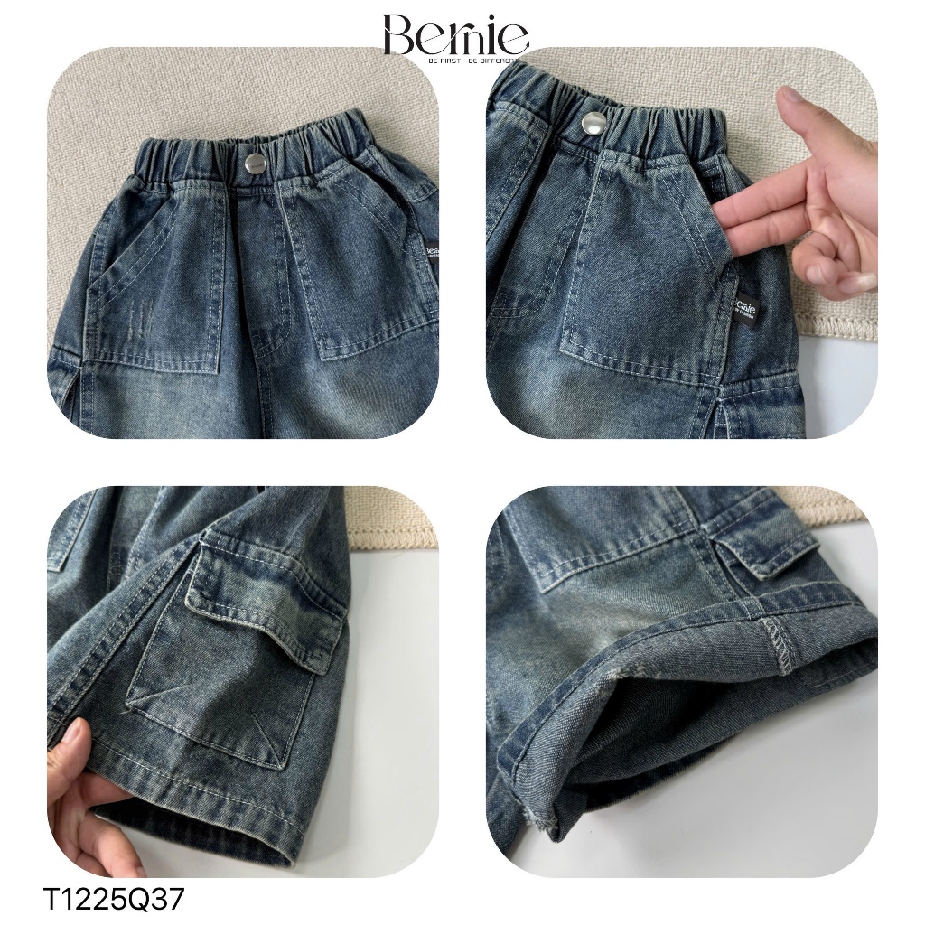 Quần short Jean túi hộp Bernie kiểu dáng năng động phối quần cạp chun co giãn cho bé trai 9-28kg