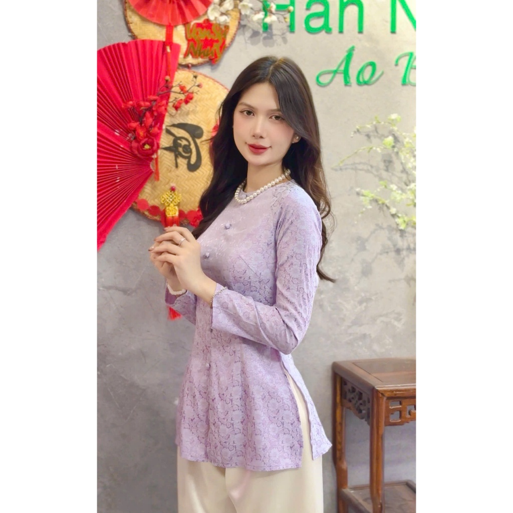 Hân Nguyễn Áo Bà Ba-B.A176-ÁO BÀ BA GẤM DỆT HOA CÚC CAO CẤP NÚT BỌC CỔ TRÒN DÂY KÉO TAY DÀI (QUẦN NGỌC TRAI)