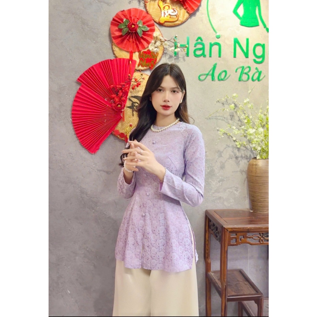 B.A176-ÁO BÀ BA GẤM DỆT HOA CÚC CAO CẤP NÚT BỌC CỔ TRÒN DÂY KÉO TAY DÀI QUẦN NGỌC TRAI