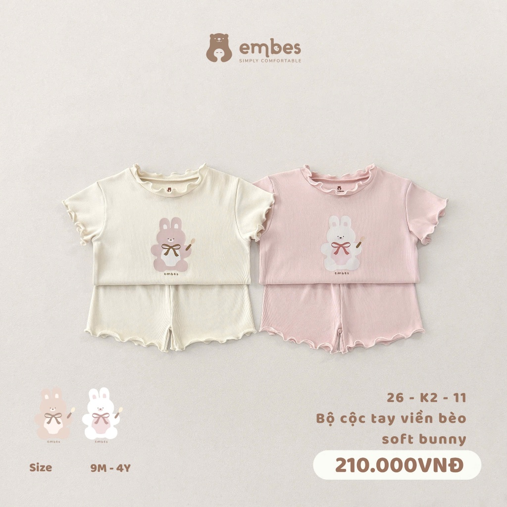 Bộ Cộc Bé Gái Embes, Bộ Cộc Tay Họa Tiết Hình In Viền Bèo Chất Mềm Mát Cho Bé Gái Size Từ 8-17Kg