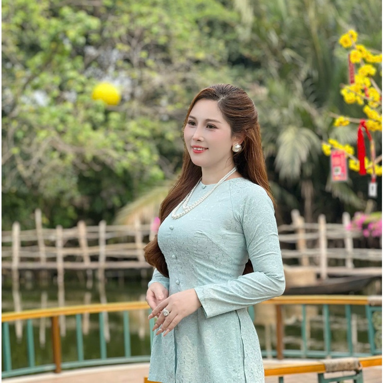 Hân Nguyễn Áo Bà Ba-B.A176-ÁO BÀ BA GẤM DỆT HOA CÚC CAO CẤP NÚT BỌC CỔ TRÒN DÂY KÉO TAY DÀI (QUẦN NGỌC TRAI)