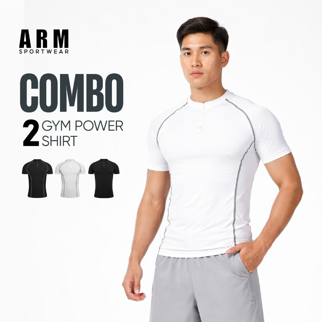 Combo 2 Áo Thể Thao Nam Cộc Tay ARM Tập Gym, Chạy Bộ, Áo cổ trụ kéo khóa, thoáng khí co giãn 4 chiều