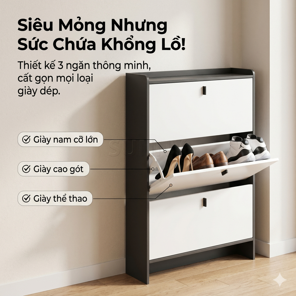 Sunny Tủ Giày Tủ Dép 3 Ngăn Lật Siêu Mỏng 17cm Cho Căn Hộ Nhỏ Hành Lang Cửa Ra Vào Gọn Gàng