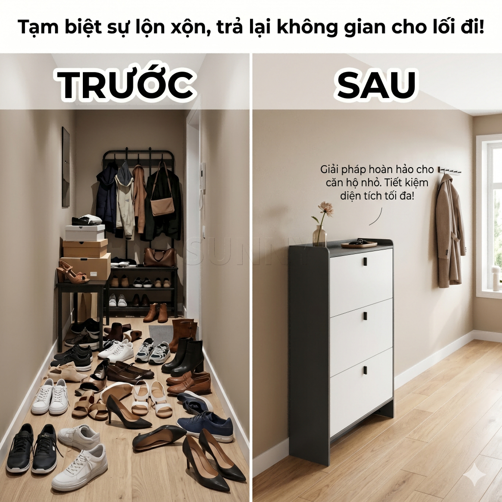 Sunny Tủ Giày Tủ Dép 3 Ngăn Lật Siêu Mỏng 17cm Cho Căn Hộ Nhỏ Hành Lang Cửa Ra Vào Gọn Gàng