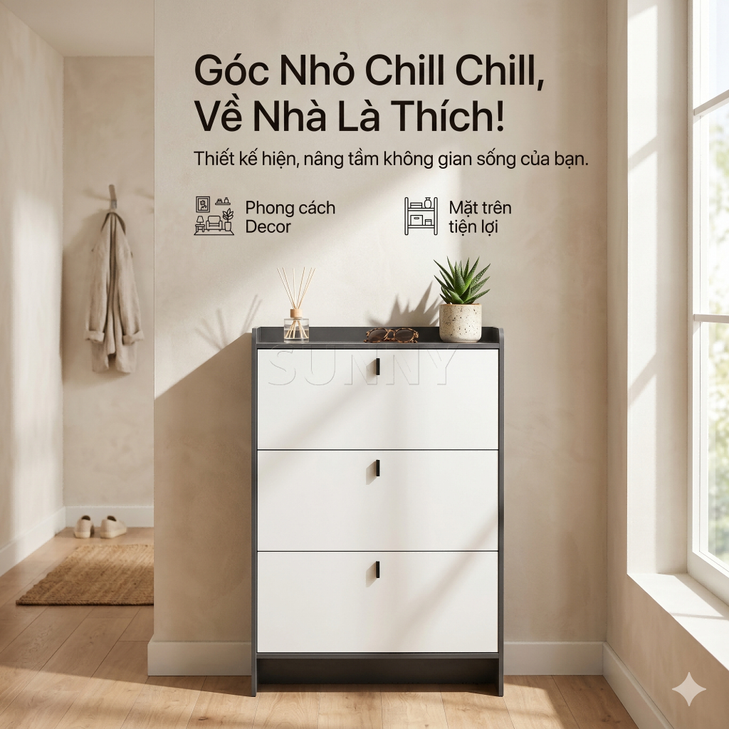 Sunny Tủ Giày Tủ Dép 3 Ngăn Lật Siêu Mỏng 17cm Cho Căn Hộ Nhỏ Hành Lang Cửa Ra Vào Gọn Gàng