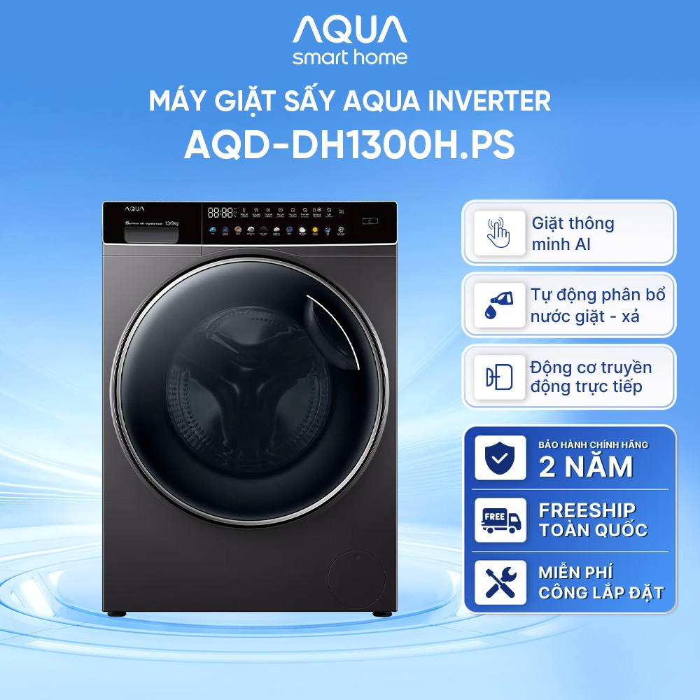 Máy giặt sấy cửa trước Aqua Inverter giặt 13KG - sấy 8KG AQD-DH1300H.PS - Miễn phí giao hàng toàn quốc - Hỗ trợ lắp đặt