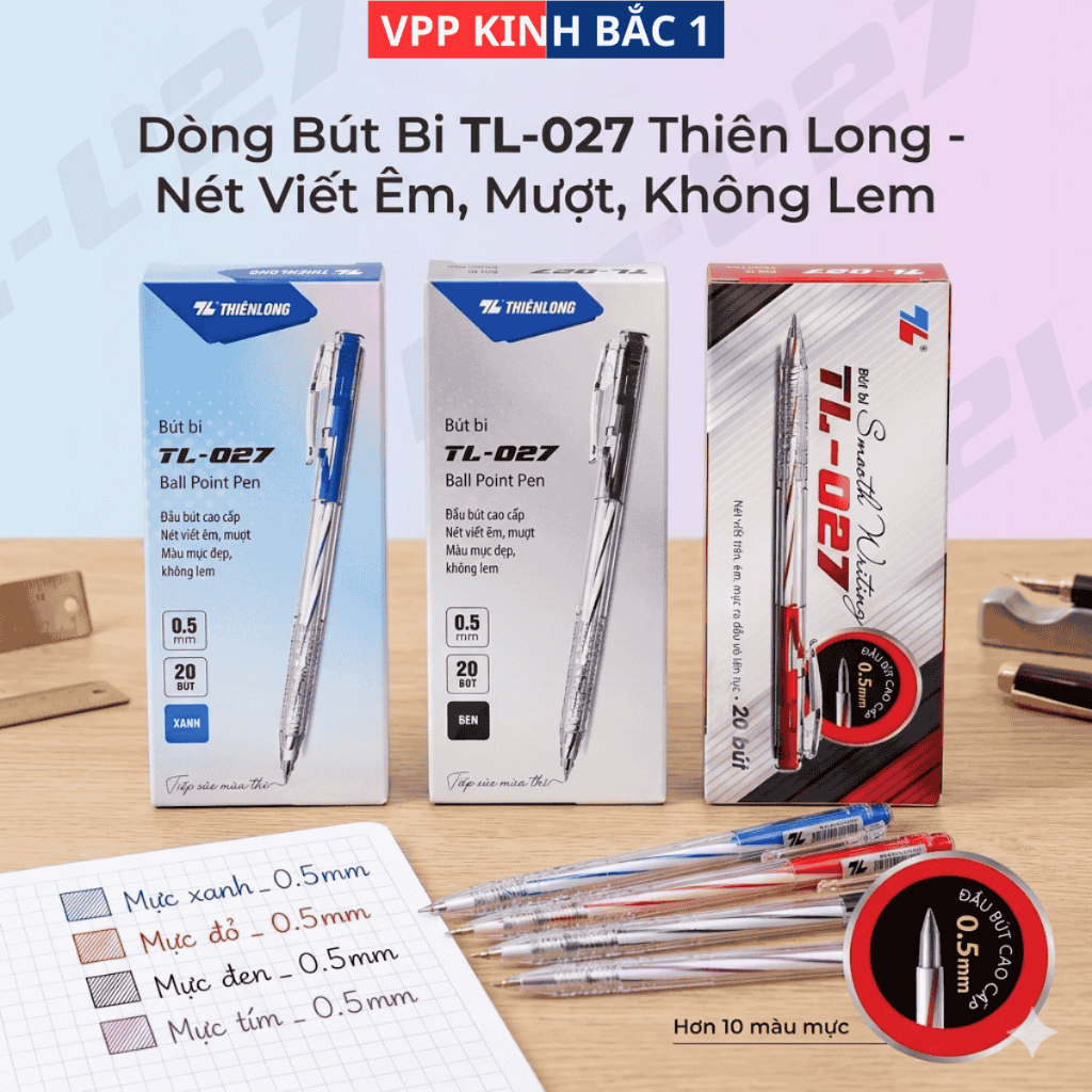 Combo 20 Bút bi Thiên Long TL-027 ngòi 0,5mm - Bút bi viết 4 màu mực xanh/ đỏ/ đen