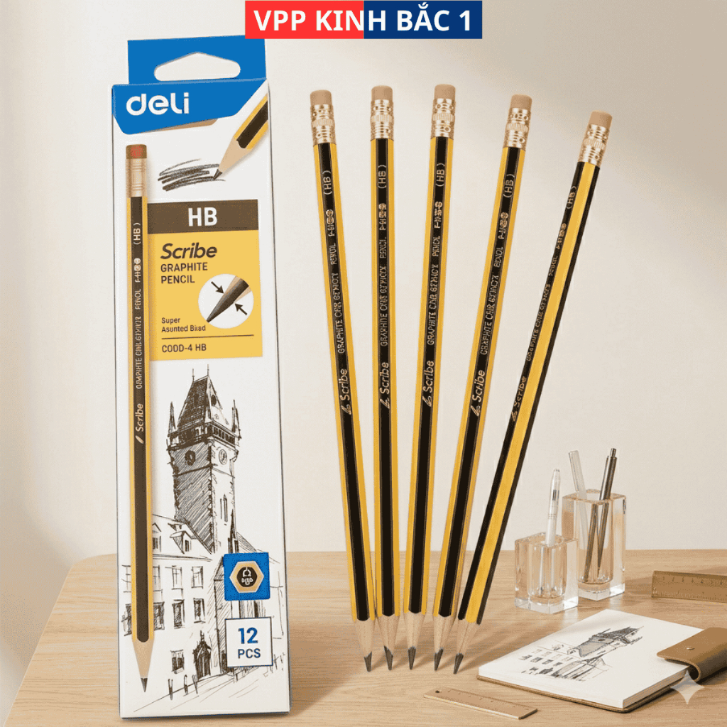 [Chính hãng] Bút chì 2B Deli - Viết chì - Scribe kẻ sọc vàng sọc đen - 12 chiếc/ hộp - C004