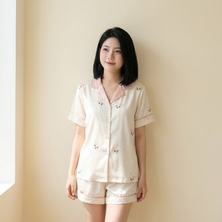 Bộ Pijama Lụa Hồng In Bướm Tay Ngắn Quần Short Đồ Ngủ Nữ Mềm Mịn Mặc Nhà Cao Cấp Dễ Thương [THỎ BƯỚM[
