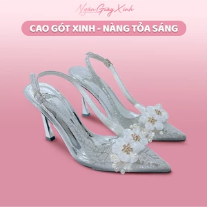 Giày Cao Gót Nữ Lụa Nhung Phối Kim Tuyến Mica Hoa Trà Sang Trọng Đi Tiệc Cưới