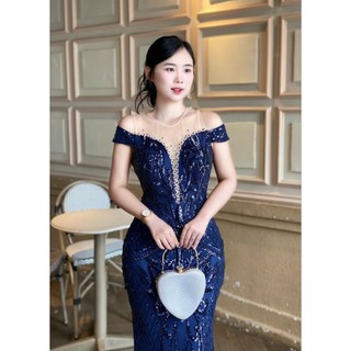 Đầm váy dạ hội kim sa hoa văn, đầm trung niên phối luới trễ vai tko