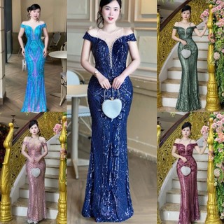 Đầm váy dạ hội đuôi cá kim sa hoa văn, đầm trung niên sang trọng tko