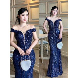 Đầm váy dạ hội kim sa hoa văn, đầm trung niên phối luới trễ vai tko