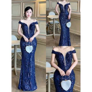 Đầm váy dạ hội kim sa hoa văn, đầm trung niên phối luới trễ vai tko