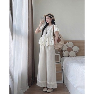Set bộ thời trang nữ chất tuyết mưa áo babydoll tay phồng chấm bi cổ tròn phối quần ống rộng dáng dài