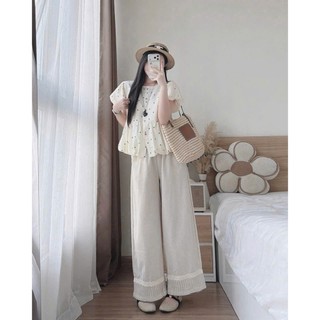 Set bộ thời trang nữ chất tuyết mưa áo babydoll tay phồng chấm bi cổ tròn phối quần ống rộng dáng dài