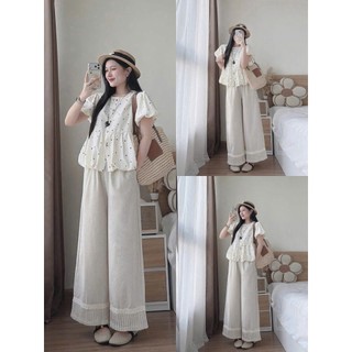 Set bộ thời trang nữ chất tuyết mưa áo babydoll tay phồng chấm bi cổ tròn phối quần ống rộng dáng dài