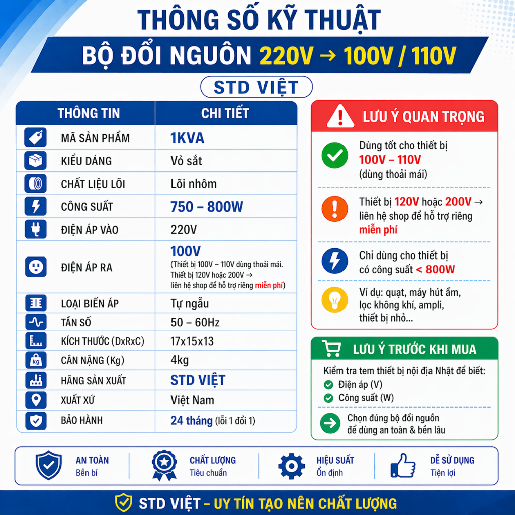 Đổi Nguồn 220V Ra 100V 110V 1KVA (Biến Áp) Dùng Cho Đồ Nhật Nội Địa | Không Nóng Không Ồn | BH 2 Năm