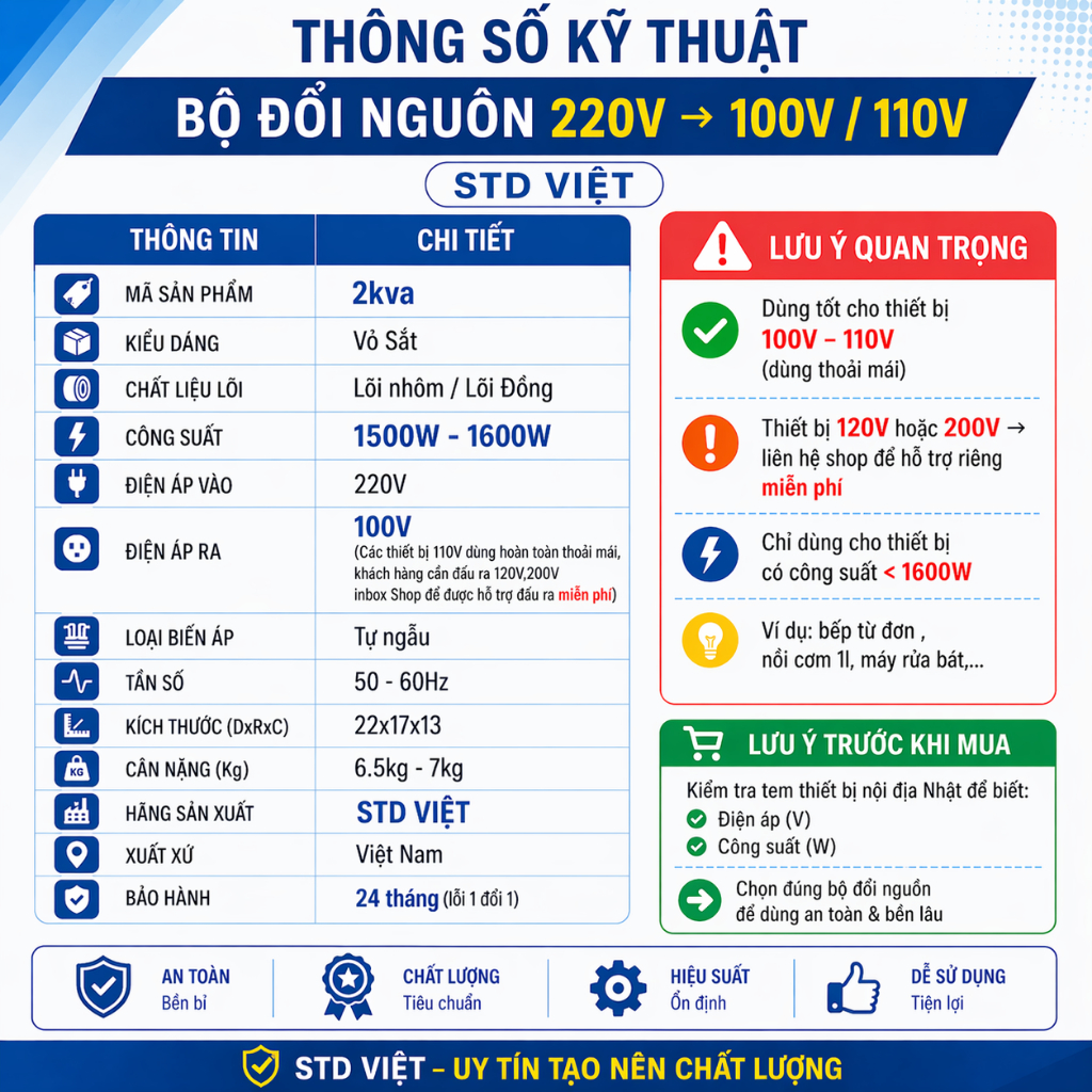 Đổi Nguồn 220V Ra 100V 110V 2KVA (Biến Áp) Dùng Cho Đồ Nhật Nội Địa | Không Nóng Không Ồn | BH 2 Năm