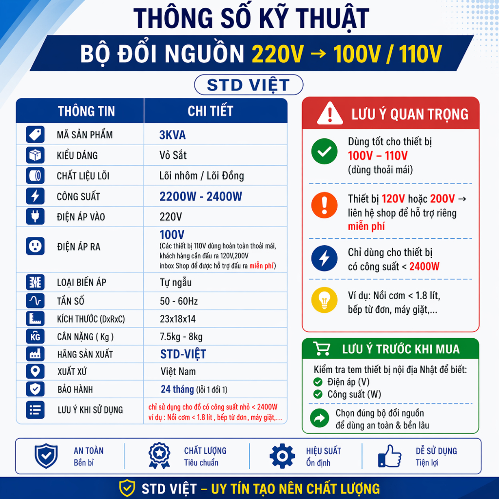 Đổi Nguồn 220V Ra 100V 110V 3KVA (Biến Áp) Dùng Cho Đồ Nhật Nội Địa | Không Nóng Không Ồn | BH 2 Năm