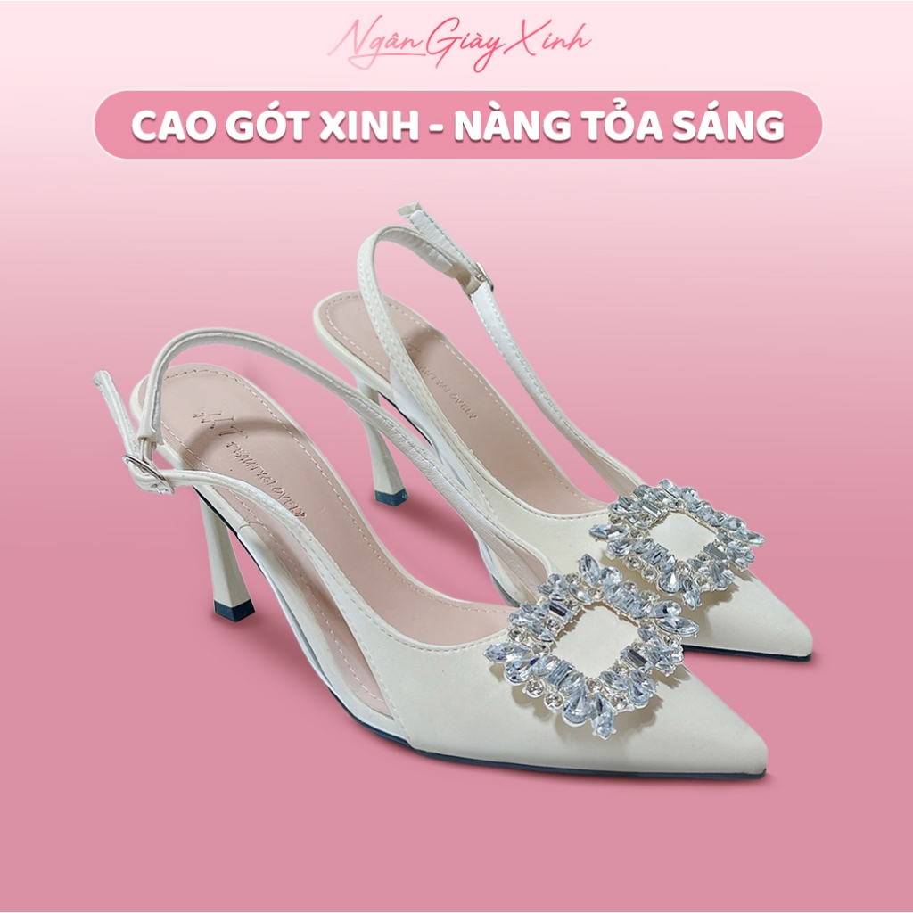 Giày Cao Gót Nữ Lụa Dạ Vương Tuyết Nhung Đính Đá Vuông Sang Chảnh Êm Chân Đi Tiệc