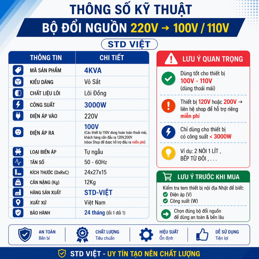 [4KVA-100% Dây Đồng] Đổi Nguồn Từ 220V sang 110V Dùng Cho Thiết Bị Nhật Bảo Hành 2 Năm STD-VIỆT