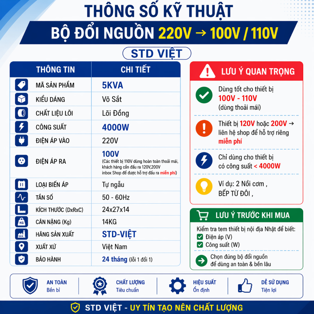[5KVA-100% Dây Đồng] Đổi Nguồn Từ 220V sang 110V Dùng Cho Thiết Bị Nhật Bảo Hành 2 Năm - STD VIỆT