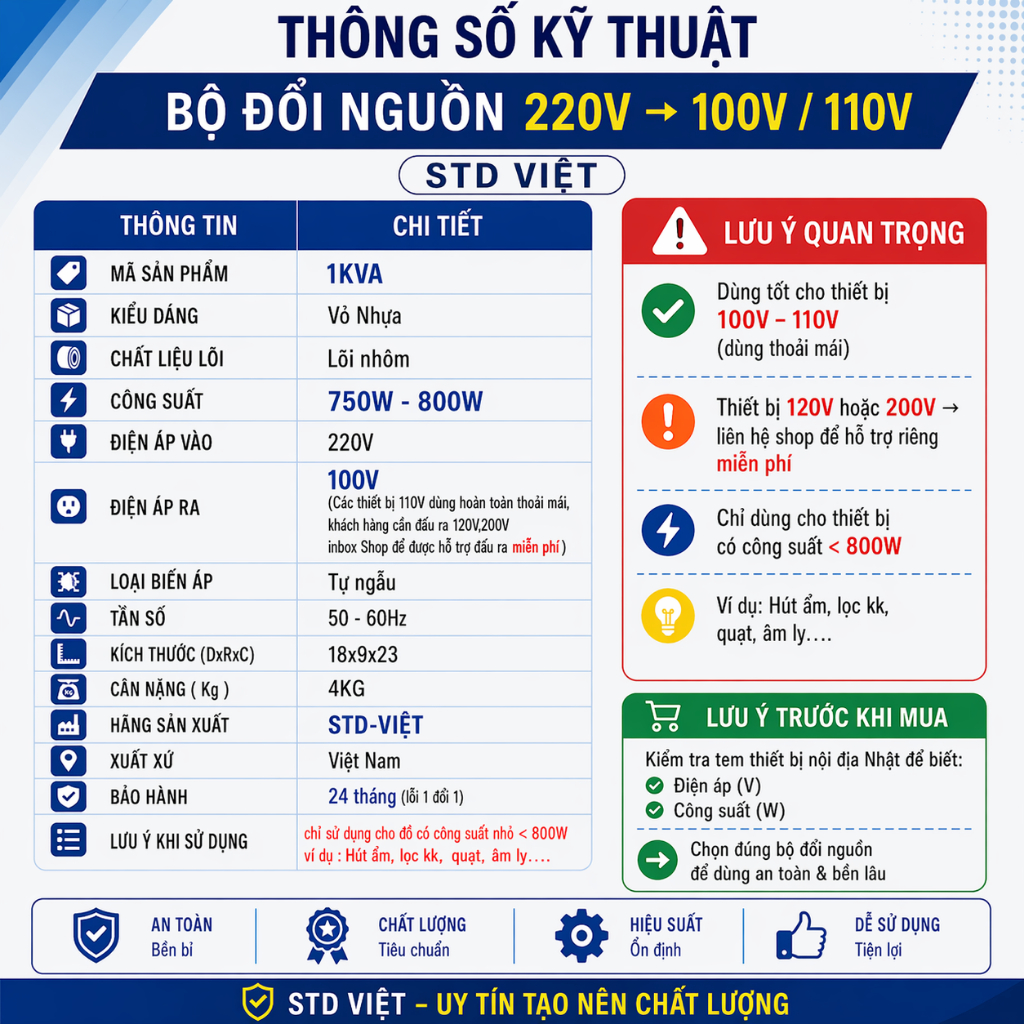 Đổi Nguồn 220V Ra 100V,110V 1KVA (Biến Áp) Dùng Cho Đồ Nhật Nội Địa | Không Nóng Không Ồn | BH 2 Năm