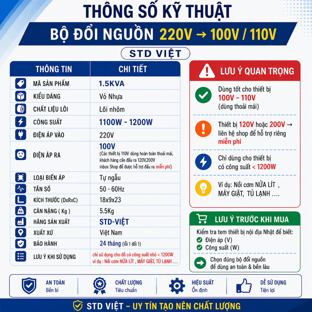 Đổi Nguồn 220V Ra 100V 110V 1.5KVA (Biến Áp) Dùng Cho Đồ Nhật Nội Địa | Không Nóng Không Ồn|BH 2 Năm