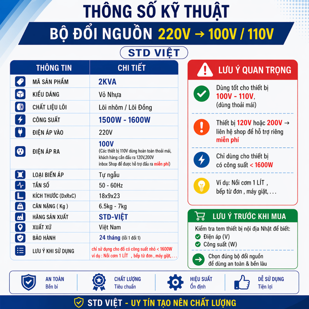 Đổi Nguồn 220V Ra 100V 110V 2KVA (Biến Áp) Dùng Cho Đồ Nhật Nội Địa | Không Nóng Không Ồn | BH 2 Năm