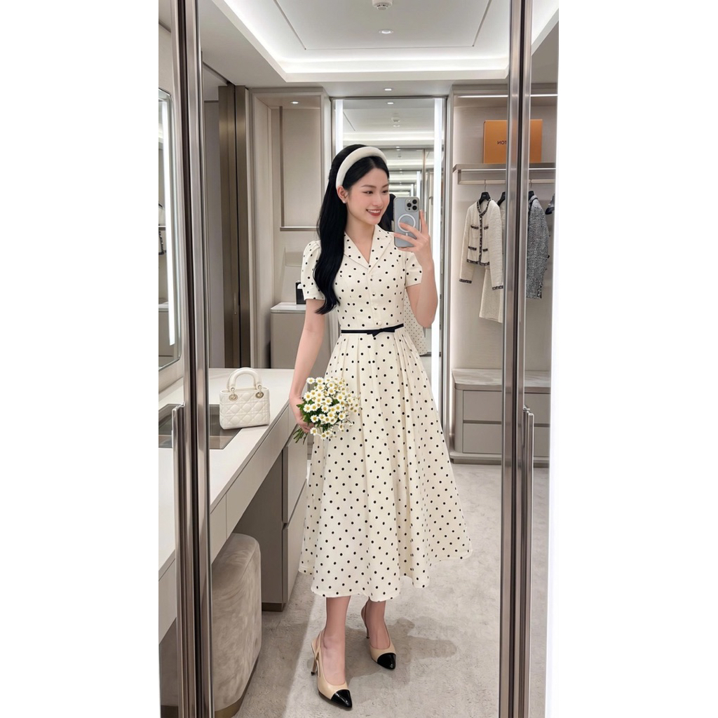 Đầm công sở dự tiệc chấm bi cổ vest dáng dài xoè thanh lịch sang trọng - Pusu house