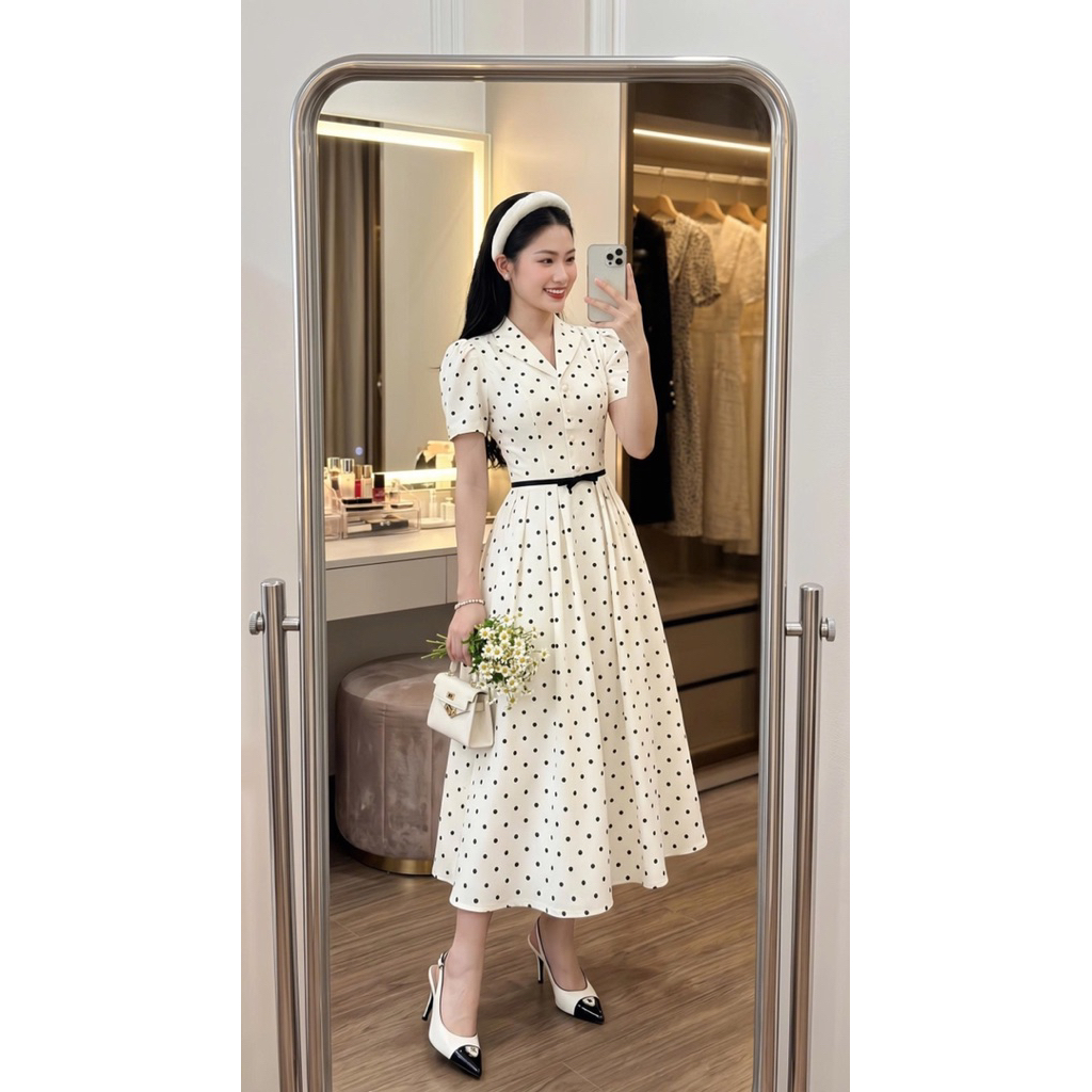 Đầm công sở dự tiệc chấm bi cổ vest dáng dài xoè thanh lịch sang trọng - Pusu house