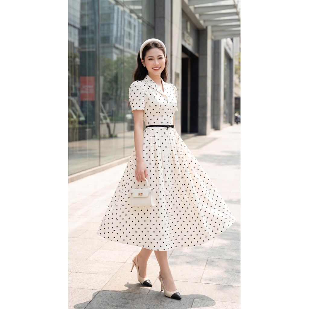 Đầm công sở dự tiệc chấm bi cổ vest dáng dài xoè thanh lịch sang trọng - Pusu house