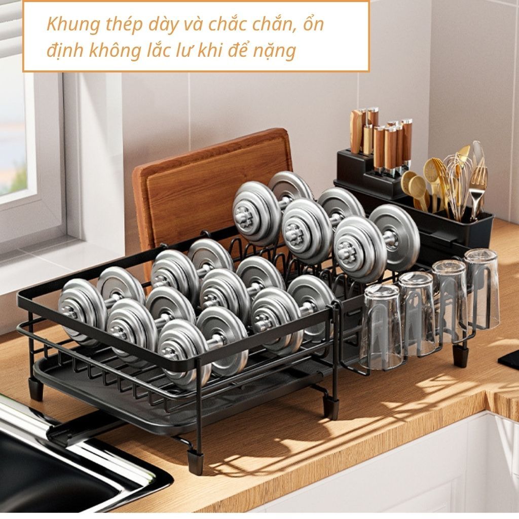 Kệ Chén Bát Co Giãn Thông Minh - Giá Để Bát Đĩa Thép Carbon Sơn Tĩnh Điện Có Vòi Thoát Nước 360 Độ