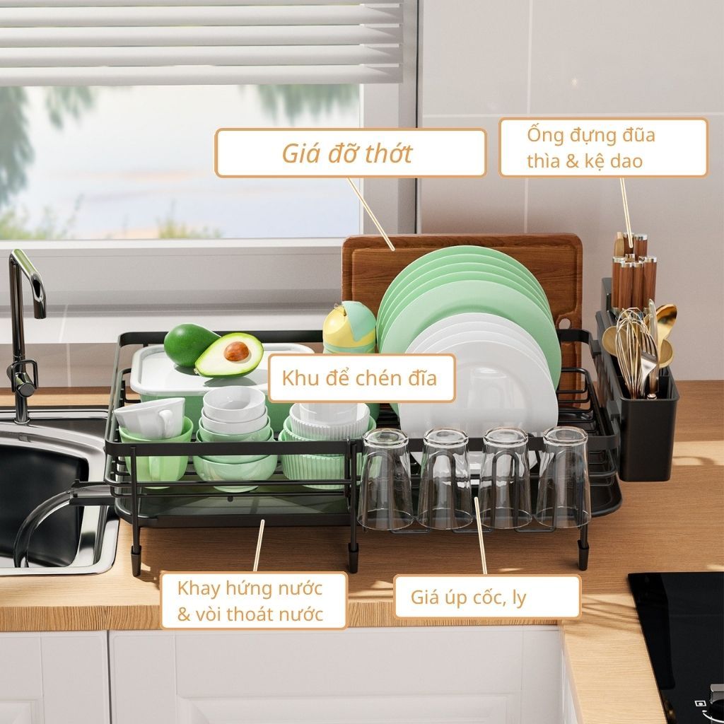 Kệ Chén Bát Co Giãn Thông Minh - Giá Để Bát Đĩa Thép Carbon Sơn Tĩnh Điện Có Vòi Thoát Nước 360 Độ