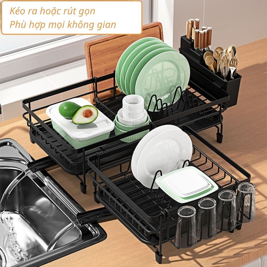 Kệ Chén Bát Co Giãn Thông Minh - Giá Để Bát Đĩa Thép Carbon Sơn Tĩnh Điện Có Vòi Thoát Nước 360 Độ