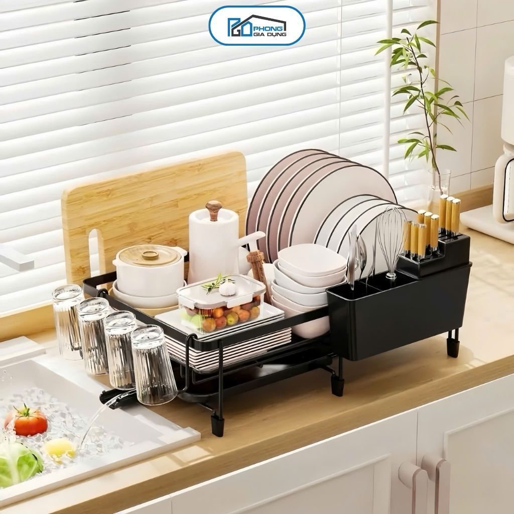 Kệ Chén Bát Co Giãn Thông Minh - Giá Để Bát Đĩa Thép Carbon Sơn Tĩnh Điện Có Vòi Thoát Nước 360 Độ