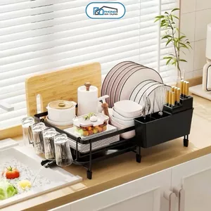 Kệ Chén Bát Co Giãn Thông Minh - Giá Để Bát Đĩa Thép Carbon Sơn Tĩnh Điện Có Vòi Thoát Nước 360 Độ