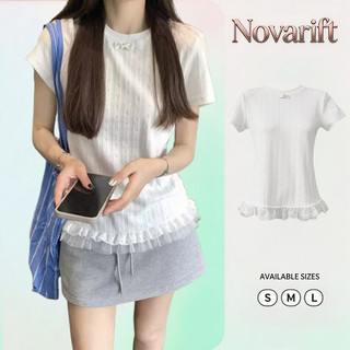 Nova-Áo Thun Ngắn Tay Ren Ren Đơn Giản Jacquard Phiên Bản Hàn Quốc
