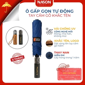 Ô Dù tự động gấp gọn Nason Chagoi cán gỗ hiếm, khắc tên, logo dát vàng, che nắng che mưa ngăn 99% UV