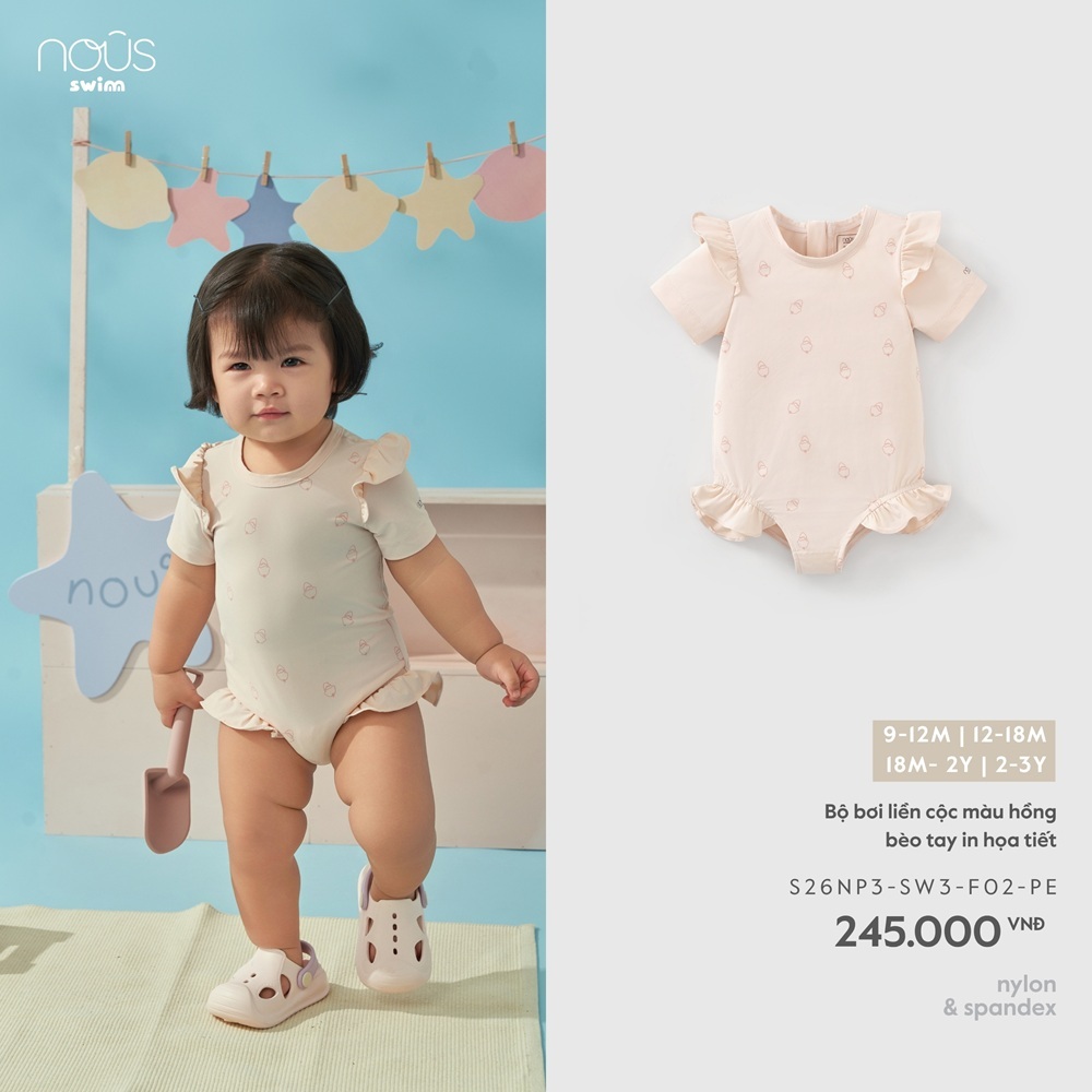 Nous Swim Baby Bộ đồ bơi liền cộc 1 mảnh, bộ bơi cho bé gái khóa kéo sau phối bèo điệu đà cho bé từ 8.5-15kg BST T4