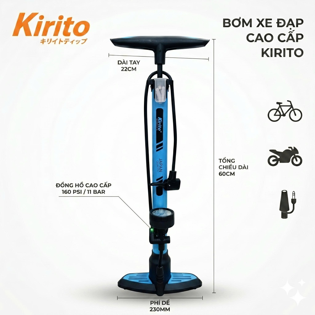 Bơm xe đạp, xe máy, ô tô thương hiệu Kirito nhật bản cao cấp mã 6038B - Bơm chân ngang KRT