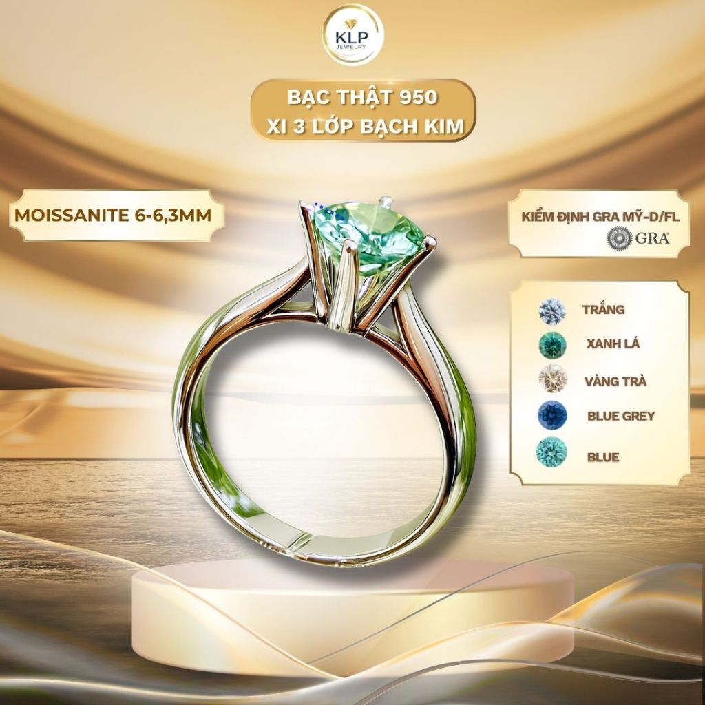 Nhẫn Moissanite 4Chấu 6.3mm Bạc Ý S925 Xi Bạch Kim Vàng Trắng Đai Trơn –Nhẫn Xoàn Phong Thủy Cao Cấp