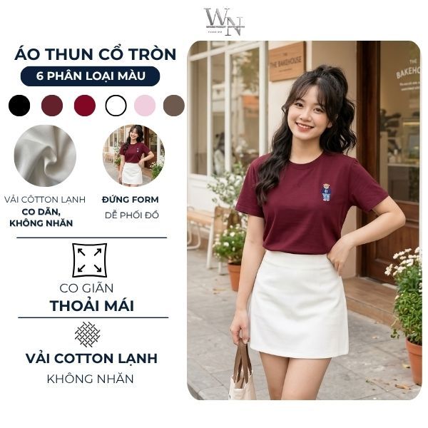 Áo Thun/Phông trơn Nữ cổ tròn Form rộng, vải Cotton lạnh, co dãn nhẹ, đứng form, không nhăn, dễ phối đồ, logo Gấu