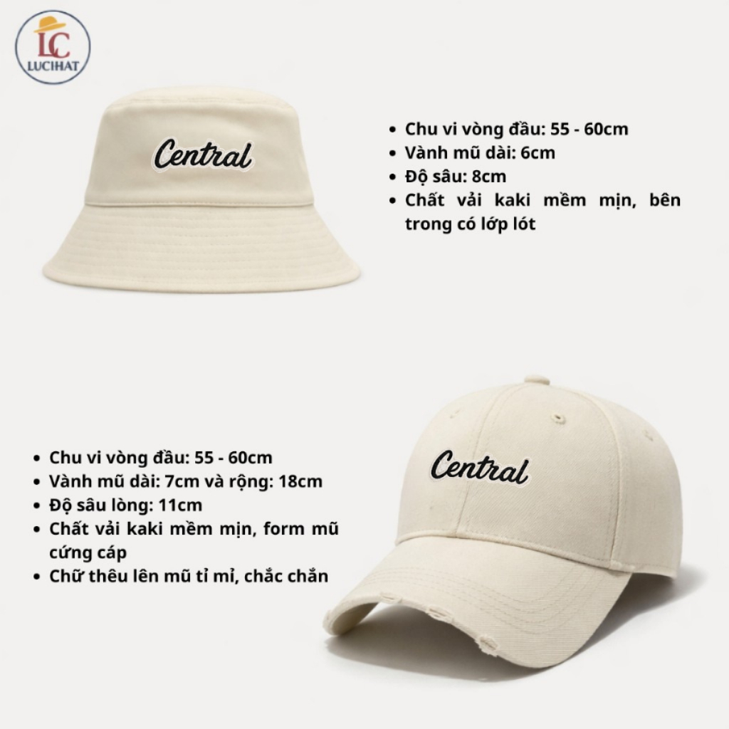 Combo 2 Mũ bucket vành cụp và Nón lưỡi trai rách thêu Central chất kaki, nón cặp nam nữ chất kaki đẹp, size to nam nữ