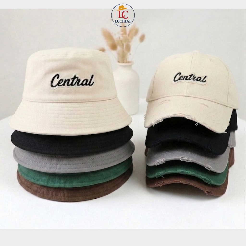Combo 2 Mũ bucket vành cụp và Nón lưỡi trai rách thêu Central chất kaki, nón cặp nam nữ chất kaki đẹp, size to nam nữ