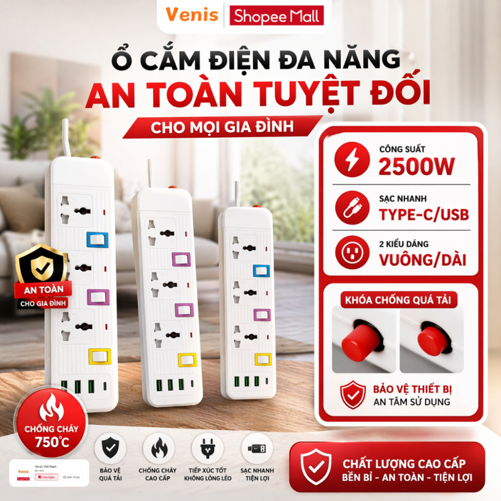 Ổ Cắm Điện Đa Năng Cổng USB Sạc Nhanh 5V Dây 4m Chịu Tải 2500W Có Chốt Chống Giật An Toàn